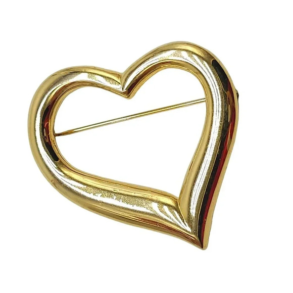 Open Heart Brooch Pin Shiny Gold Tone Vintage - Picture 2 of 4